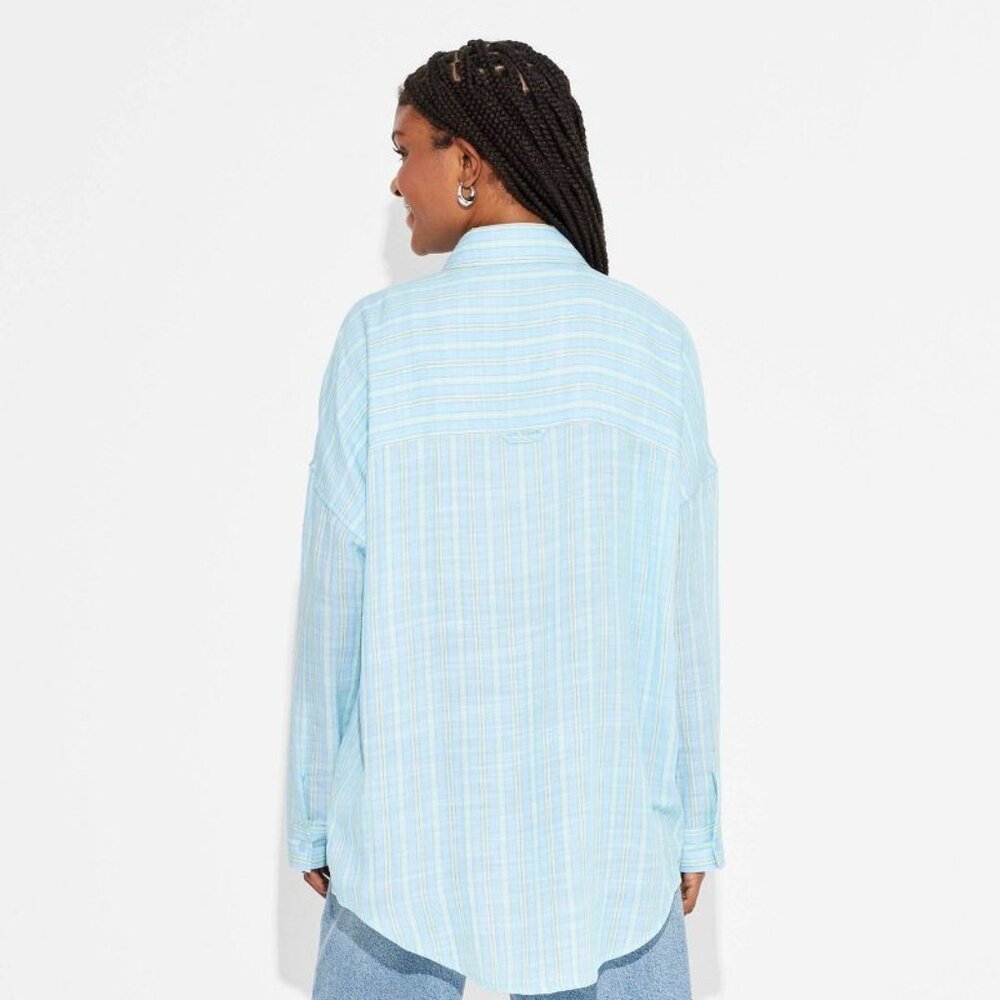 NWT Wild Fable Women's Long Sleeve Oversized Button-Down Shirt - Green/Blue Stri - Picture 3 of 3